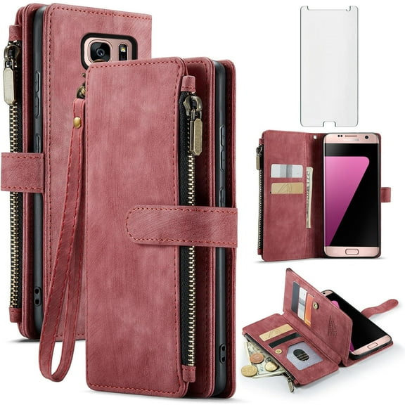 Asuwish Compatible with Samsung Galaxy S7 Edge Wallet Phone Case and Tempered Glass Screen Protector Faux Leather Flip Credit Card Holder Stand Zipper Cell Cover for S7edge S 7 GS7 7s 7edge Women Red