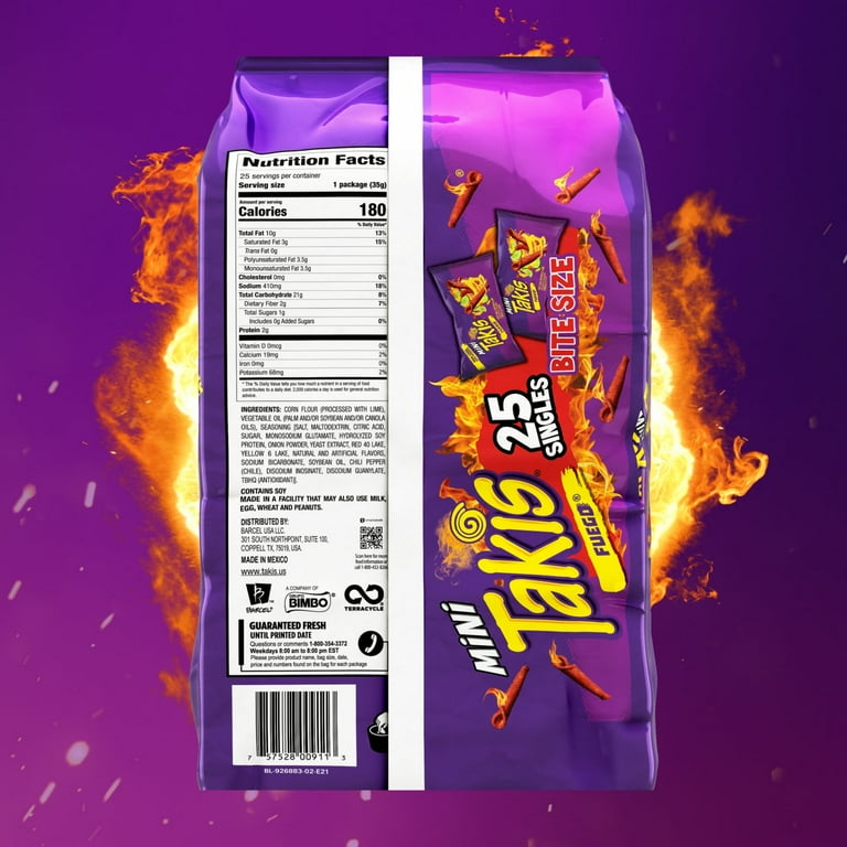 Takis Fuego Mini 25 pc / 1.23 oz Bite Size Multipack, Hot Chili