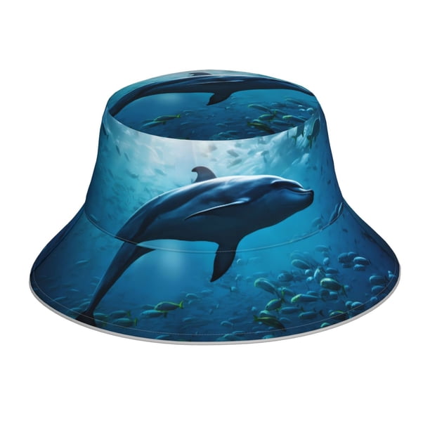 Fotbe Ocean Dolphin Fish School Sombrero Tipo Pescador con Estampado – Sombrero de Sol de Algodón de Moda para Playa, Golf, Pesca