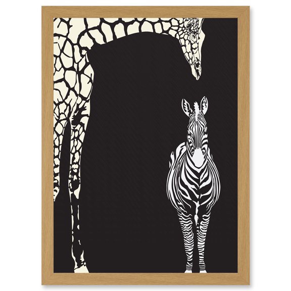 Zebra And Giraffe B&W Zoo A4 Artwork Framed Wall Art Print