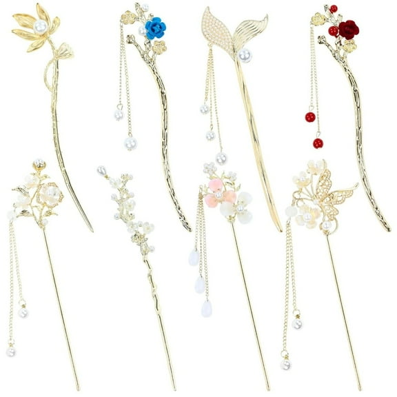 8 Pieces Chinese Hanfu Hair Pins Set with Pearl Lotus Butterfly, Gold Metal Floral Hair Sticks Forks for Women Wedding Party Bun Updo