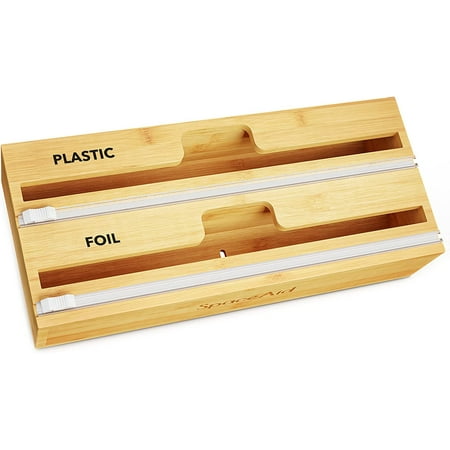 

Wrap Organizer with Cutter and Labels Plastic Wrap Aluminum Foil and Wax Bamboo Dispenser for Kitchen Storage Organization Holder (Natural)