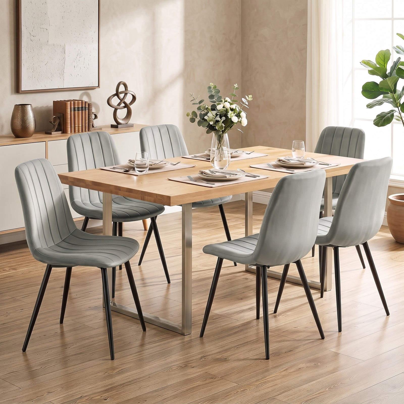 Furnibear Upholstered Fabric Dining Chairs Set of 4, Mid-Century Modern Kitchen Side Chairs with Curved Backrest, Padded Cushion Seat and Sturdy Metal Legs for, Gray