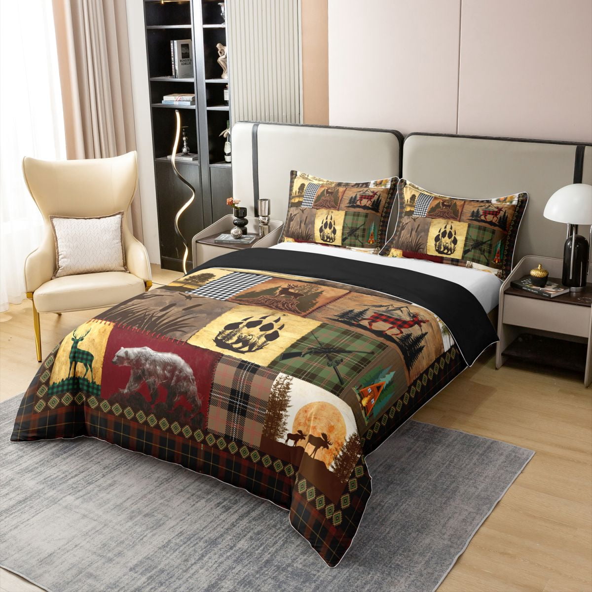 Rustic Cabin Lodge Bedding Set Patchwork Duck Bear Deer Moose Comforter Cover King For Adults Men Retro Farmhouse Buffalo Plaid Duvet Cover Hunting Woodland Wildlife Animal Bed Set 2 Pillow Cases