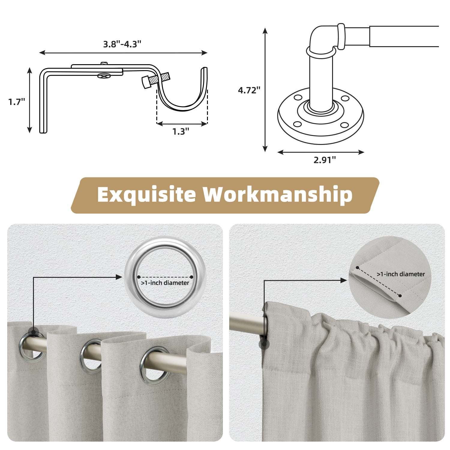 48" to 86"Curtain Rods for Windows,1 inch Industrial Curtain Rod, Adjustable Wrap Around Curtain Rods,Industrial Indoor/Outdoor Curtain Rod,Nickel