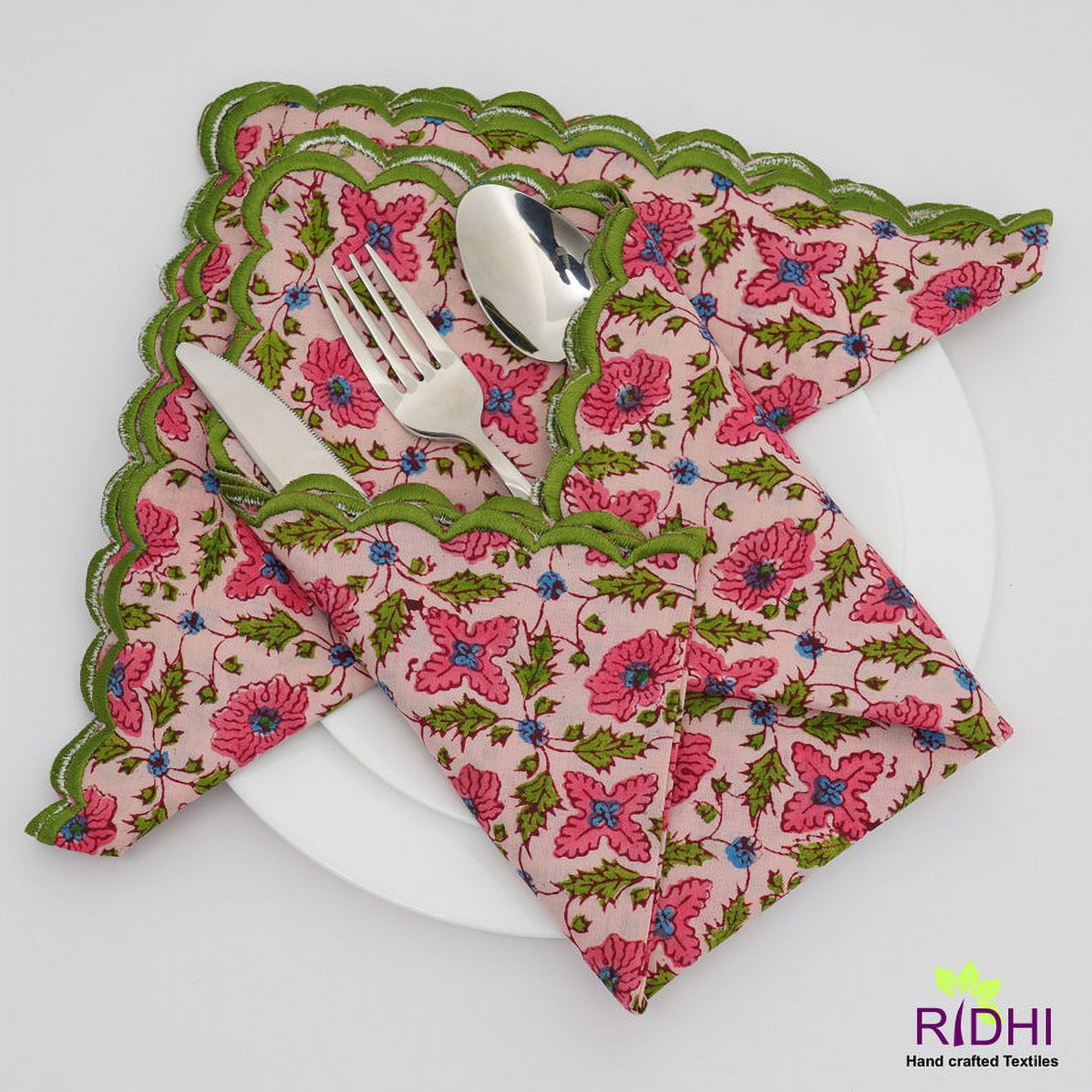 Salmon and Punch Pink, Forest Green Indian Floral Hand Block Printed