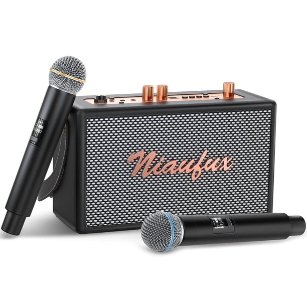 Máquina de karaoke retro con dos micrófonos inalámbricos, altavoz Bluetooth portátil para adultos y niños, sistema PA recargable para fiesta en casa, soporte AUX/USB/TF/OTG, regalos de decoración vint