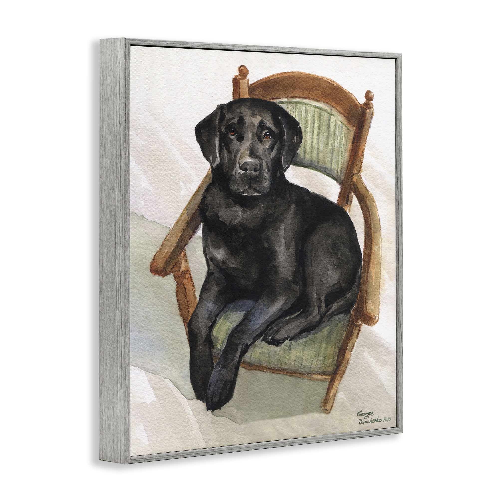 Stupell Industries Black Labrador On Chair Gray Framed Giclee Art, design by George Dyachenko