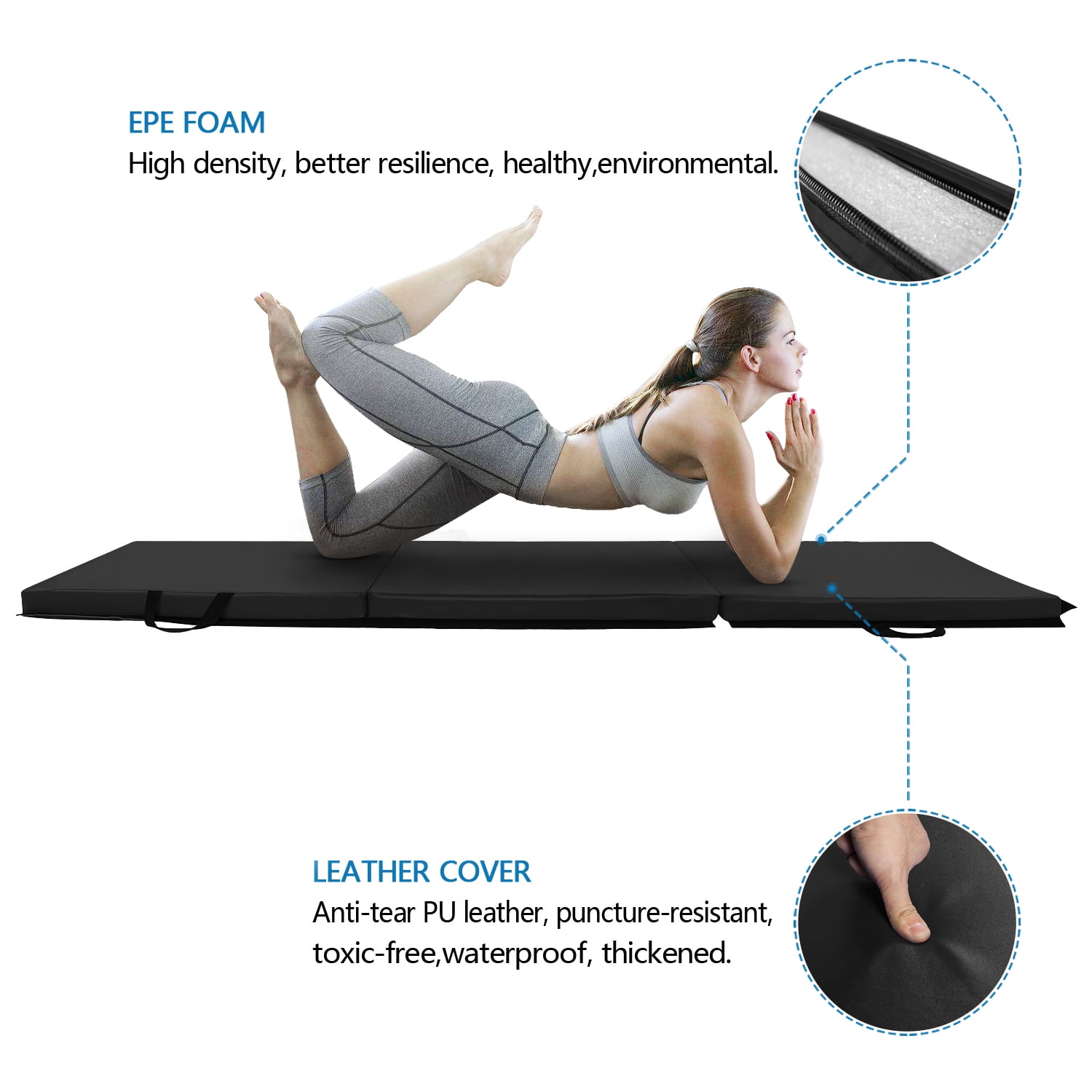 Matladin 2in Foldable 6' x 2' Black Exercise Mat with Carrying Handle