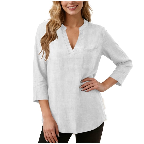 Tops de Manga Larga de las Mujeres Casual Color Sólido V Cuello Tres Cuartos de Manga Blusa Suave