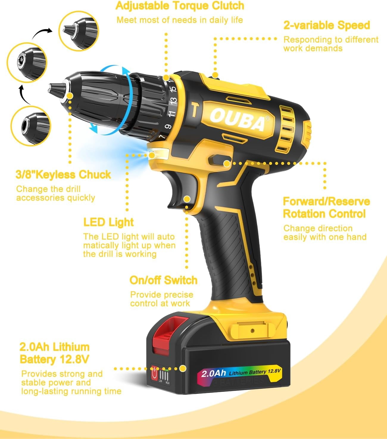 Cordless Drill Set,Electric Drills with Battery and Charger,Built-In LED for Home