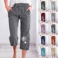 thumbnail image 2 of Yuanlook Women's Cotton Linen Drawstring Waist Cropped Pants with Dandelion Print, Casual Loose Fit Trousers with Pockets, S-XXXL, 2 of 6