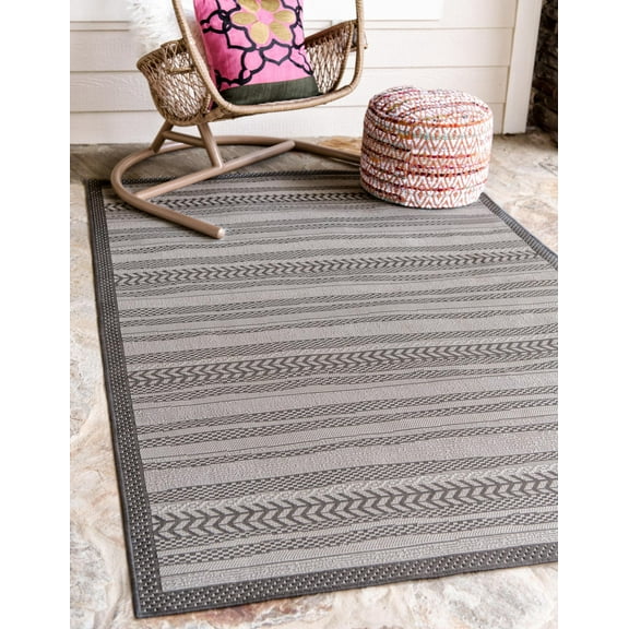 Unique Loom Outdoor Border Collection Area Rug - Lines (5' 3" x 8' Rectangle Gray/Silver)