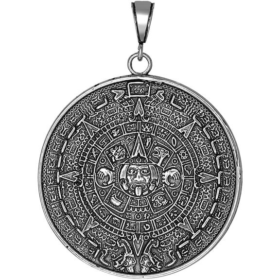 Sterling Silver Aztec Calendar Charm Pendant Necklace Antique Finish with 24 Inch Figaro Chain