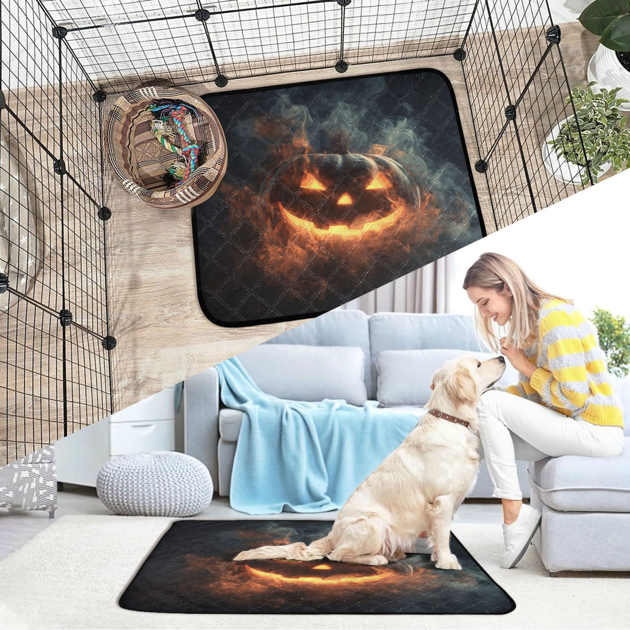 Qxltty Glowing Pumpkin Head Cat litter Pads Pet Set of 2 Diaper Mats Center Anti-leakage Layer Absorbent Soft and Comfortable