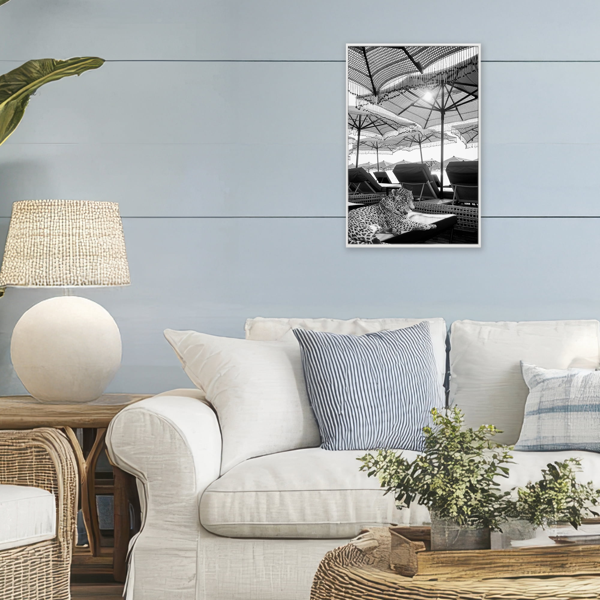 Stupell Industries Leopard On Tropical Vacation White Framed Giclee Art, design by Grotto Studios
