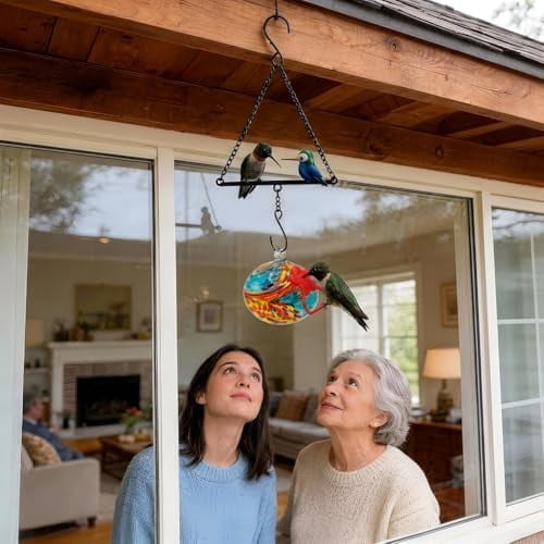 Hummingbird Feeder for Outdoors Hanging,Metal Hummingbird Swing with Hand Blown Glass Hummingbird Feeder,Artistic Bird Perch & Garden Decor, Unique Gardening Gifts for Women(Blue)