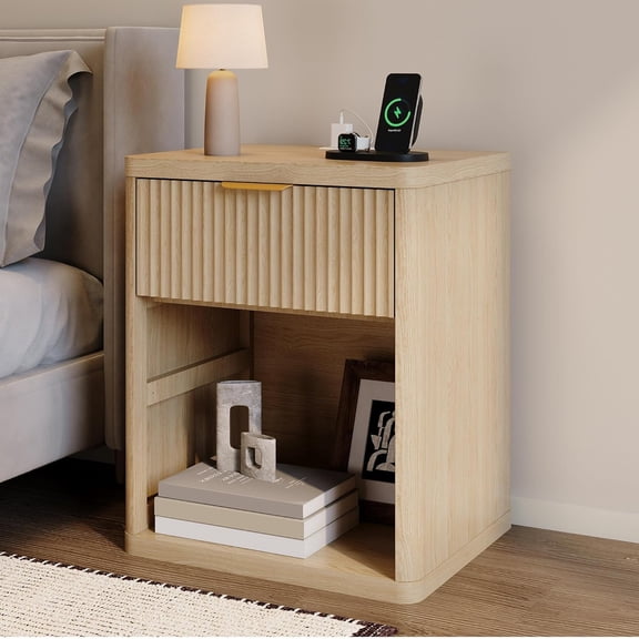 1 Pcs Fluted Nightstand,Mid Century Bedside Table,Wooden End Table,Farmhouse Night Stand with 1 Drawer,Open Shelf,Charging Station for Bedroom Living Room Sofa Couch Office(Natural)