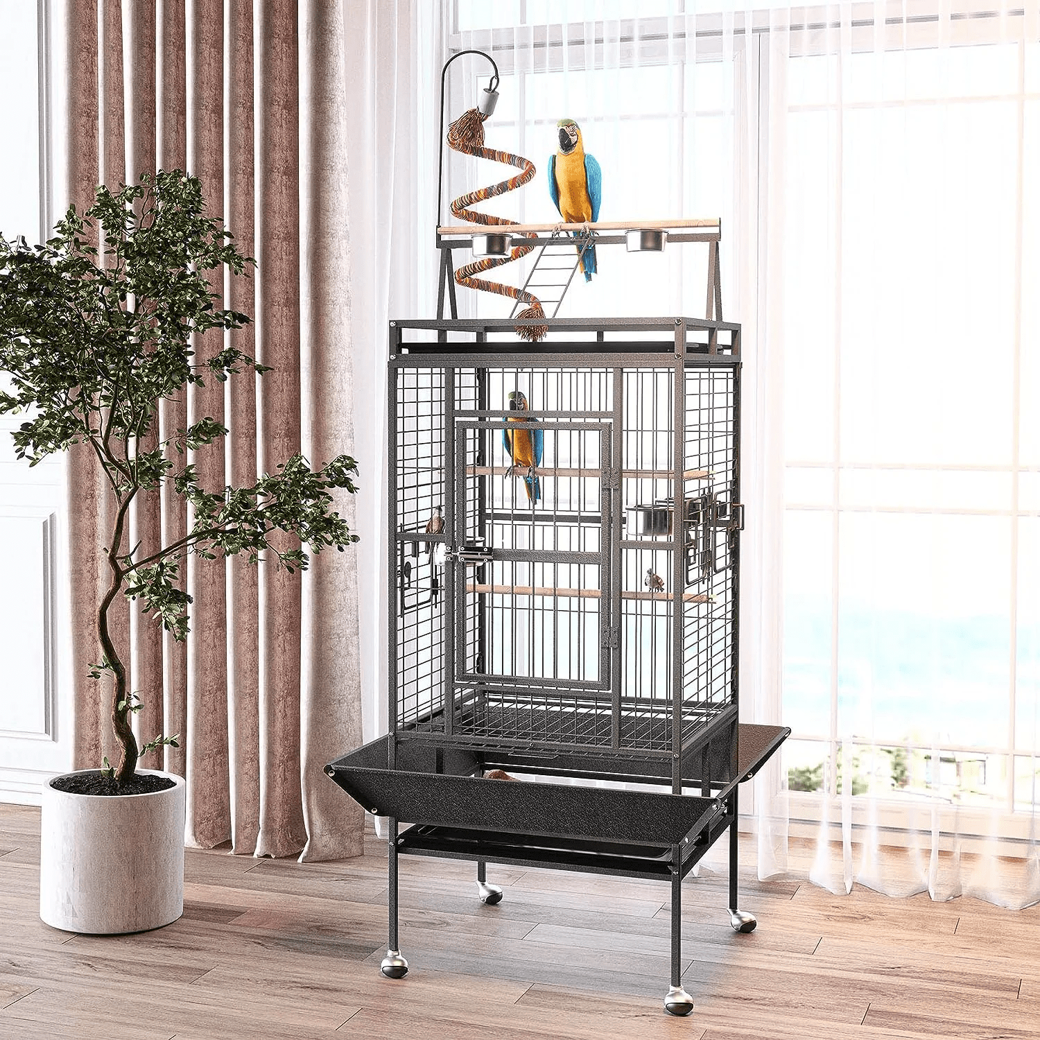 HAUXITIO 82" Rolling Metal Bird Cage,Large Parrot Cage with Play Top for Pet Birds,Black