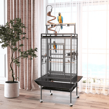 Timagebreze Large 82-inch Black Bird Cage with Rolling Stand, Wrought Iron Parrot Cage for Medium to Large Birds