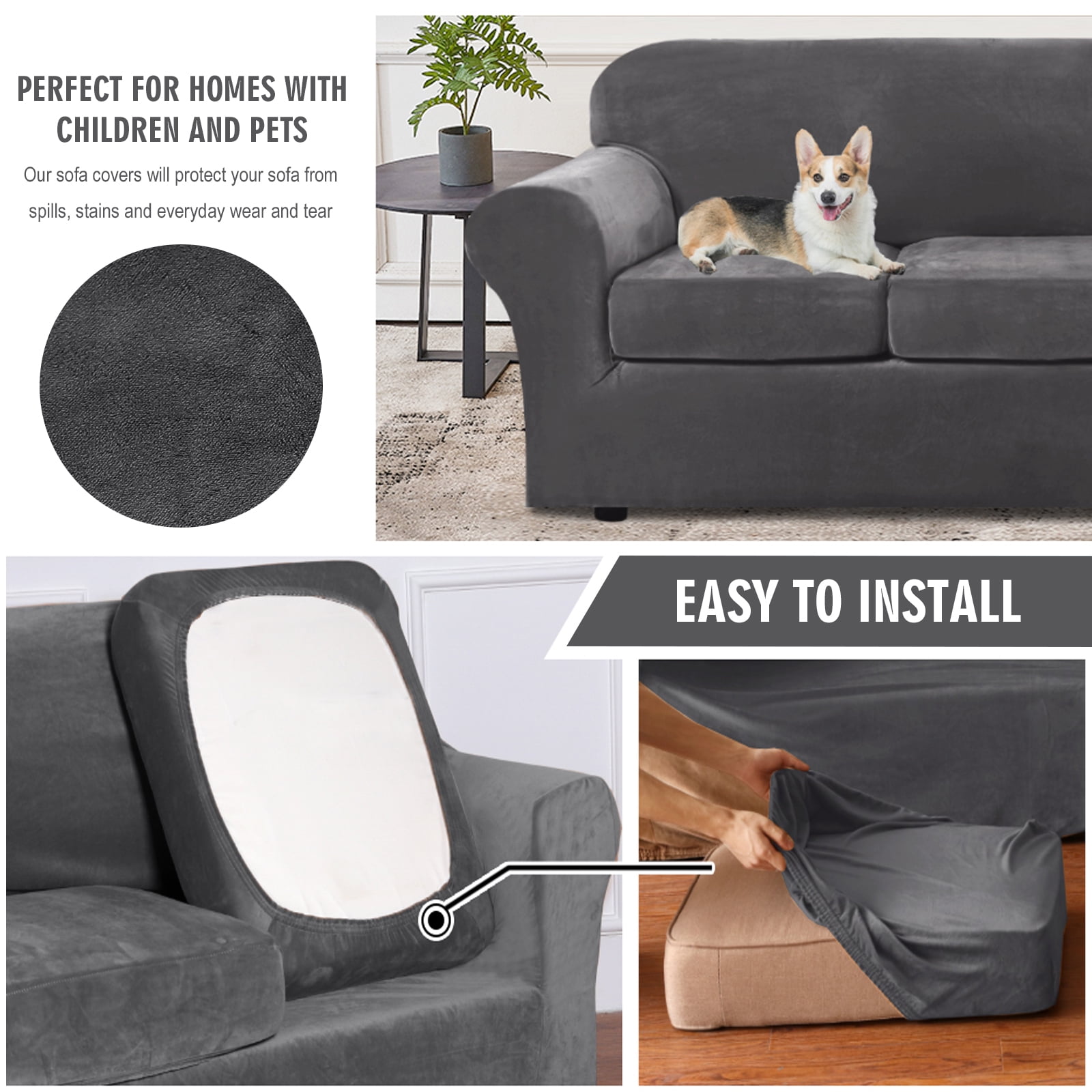 Topchances Velvet Plush 4 Piece Stretch Sofa Covers Couch Covers for 3 Cushion Couch 3 Seater Covers (Base Cover Plus 3 Individual Cushion Covers) Feature Thick Soft Stay in Place