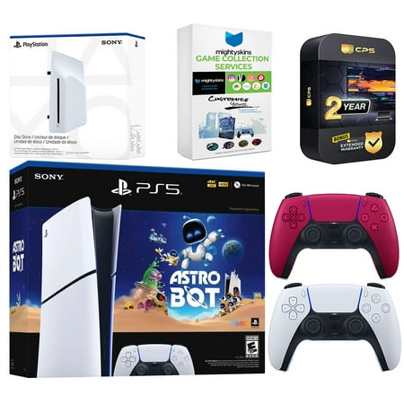 Sony PlayStation 5 Astro Bot Slim Digital Bundle with Disc Drive, Extra Controller, MightySkins Game Collection Services and 2 Year Extended Warranty - Cosmic Red