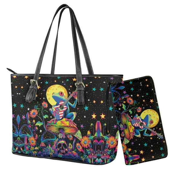 ZUXONGSY Frog Moon Mushroom Print Large Capacity Shopping Tote for Women Waterproof Handbag and Wallet Set Handbag with Matching Wallet for Shopping Work