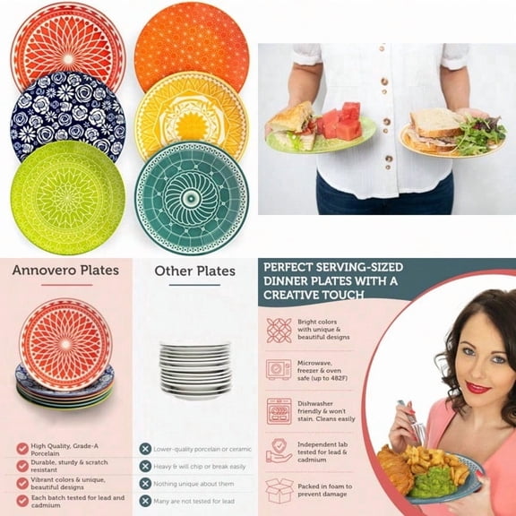 Dinner Plates - Mismatched Colorful Dinnerware Set of 6 - Fun Decorative Cute Boho Kitchen Dishes - Zero Lead Cadmium - 10.5 Inch Diameter