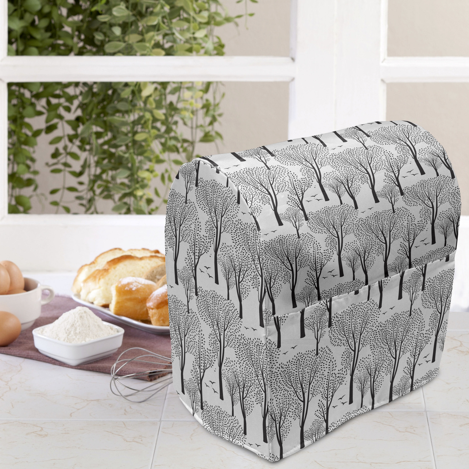 Winter Stand Mixer Cover, Monochrome Abstract Forest Pattern Trees Leaves Birds Wildlife Woodland Nature, Kitchen Appliance Organizer Bag Cover with Pockets, 5 Quarts, Black White, by Ambesonne - image 3 of 4