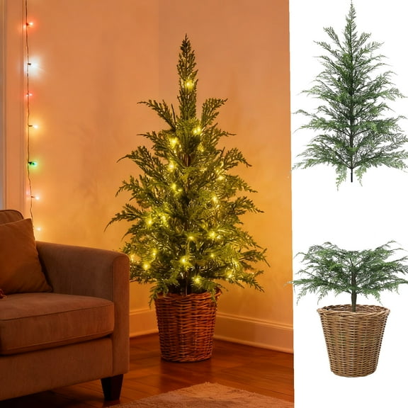 Pre-Lit Artificial Christmas Tree, Tabletop Mini Tree with Warm White LED Lights, Battery Operated with Remote, Basket Included(A)