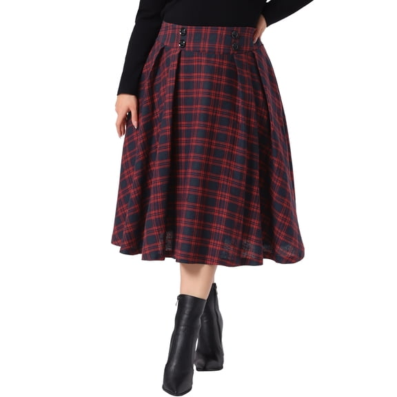 Agnes Orinda Women's Plus Size Halloween Outfits School College Vintage Christmas Plaid Skirt High Waist Casual Party A Line Flared Swing Pleated Midi Skirts with Pockets 1X Red