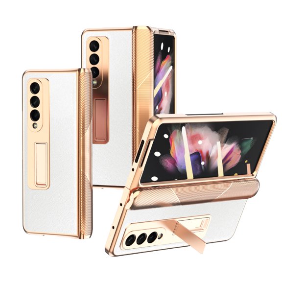 K-Lion for Samsung Galaxy Z Fold 3 Cross Pattern Case, Luxury PU Leather Hybrid Plating PC Hidden Kickstand Cover Shockproof Protective Folding Slim Hard Case for Samsung Galaxy Z Fold 3 5G 2021,White