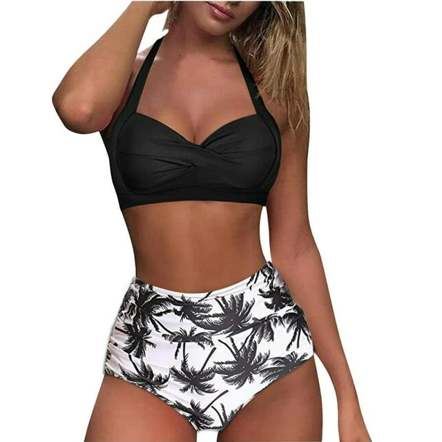Women Vintage Swimsuit Two Piece Retro Halter Ruched High Waist Print Bikini Set