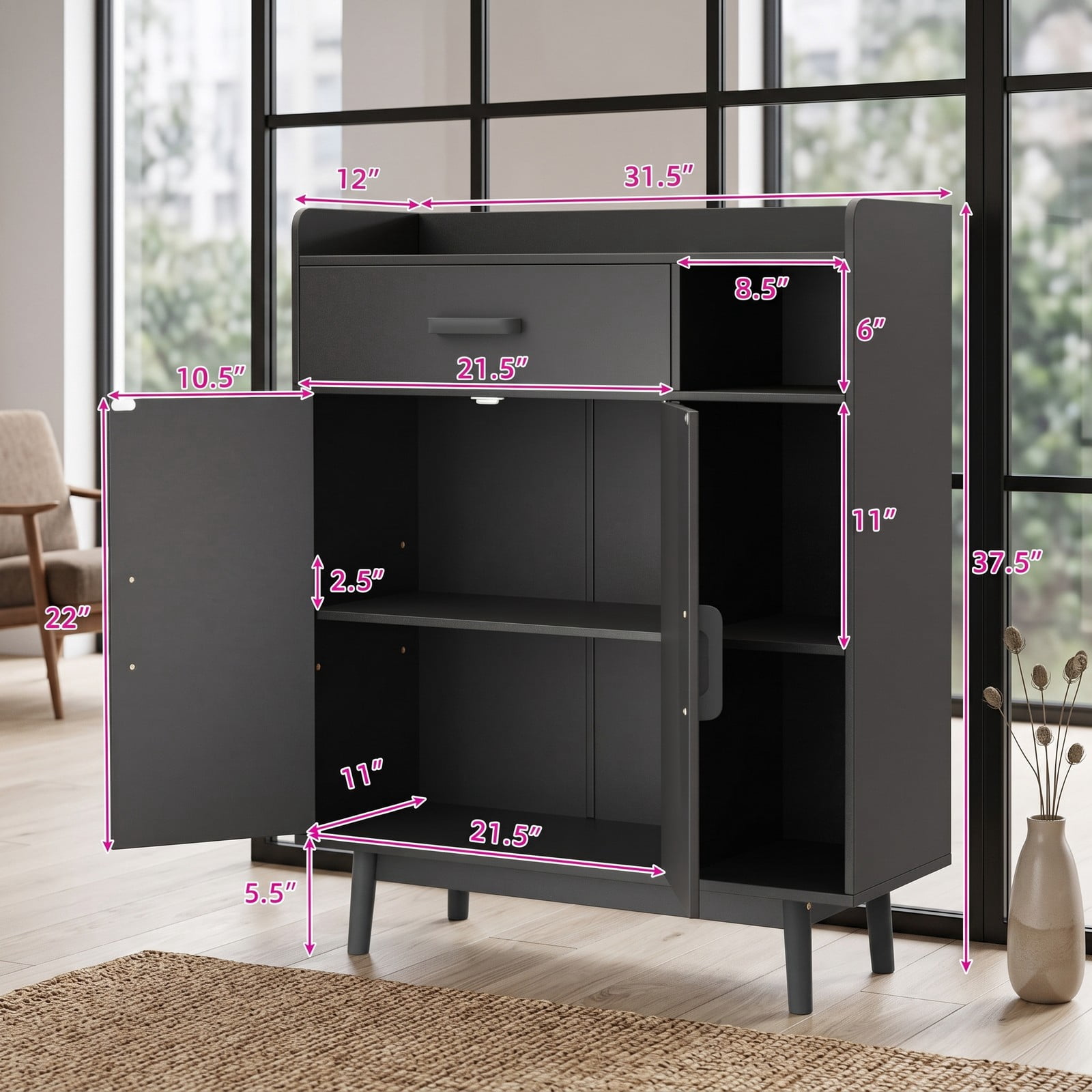 Furnibear Floor Storage Cabinet Free Standing Cupboard Chest with Drawer, Double-Door Cabinet, Adjustable Shelf and 3 Open Display Shelves for Living Room, Black