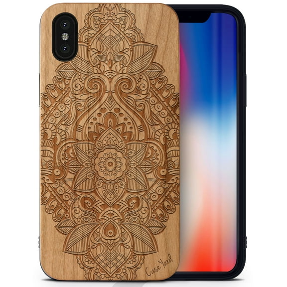 Case Yard Wooden Case Outside Soft TPU Silicone, Slim Fit Shockproof Wood Protective Phone Cover for Girls Boys Men and Women, Supports Wireless Charging Bohemian Flower Design case for iPhone-XS-Max
