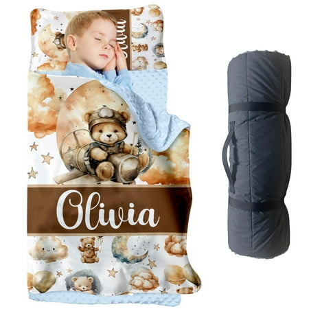 Personalized Moonlight Teddy Bear Bean Velvet Nap Mat – Soft Toddler Sleeping Mat with Custom Name – Ideal for Daycare Preschool and Travel(Cushions + Pillows22.5 x55 +Blanket size: 33.5 x 45 )