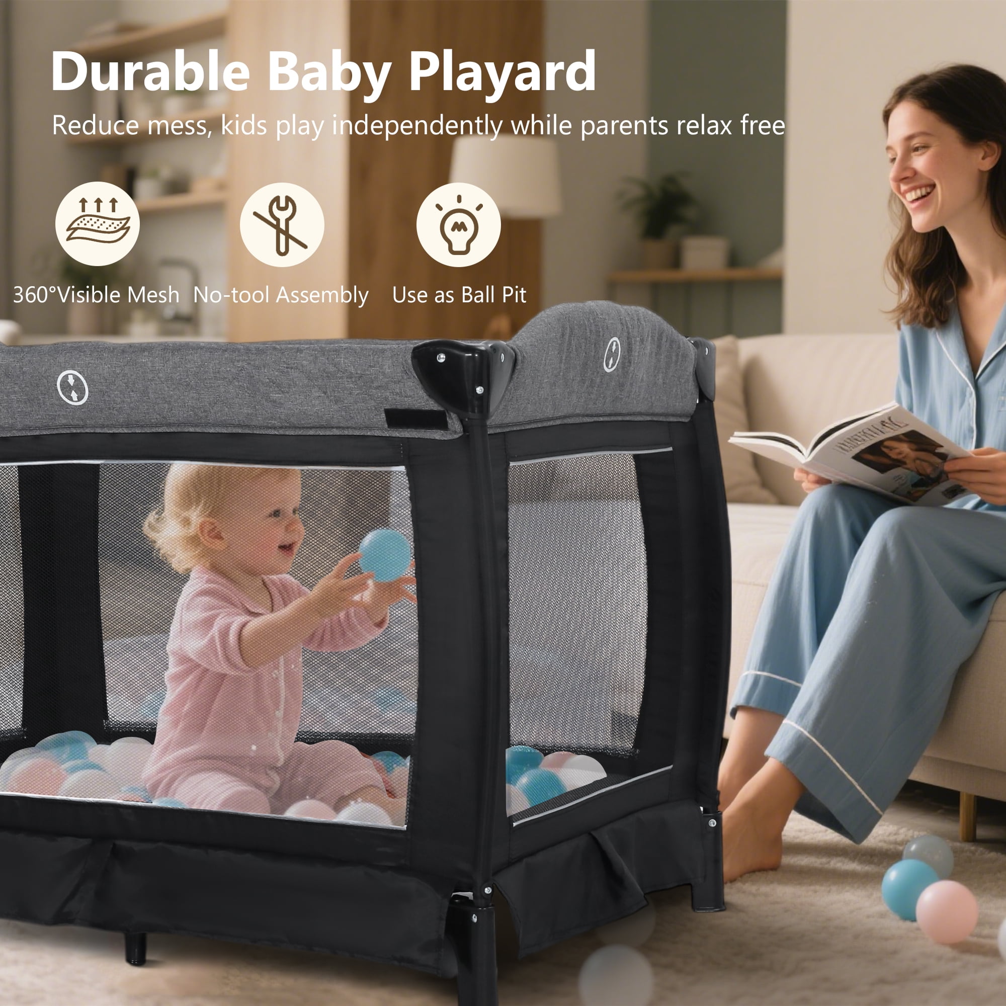 LINLUX Pack and Play w/ Bassinet & Changing Table, Baby Playard for Toddler, Newborn Crib Baby Bed,Black