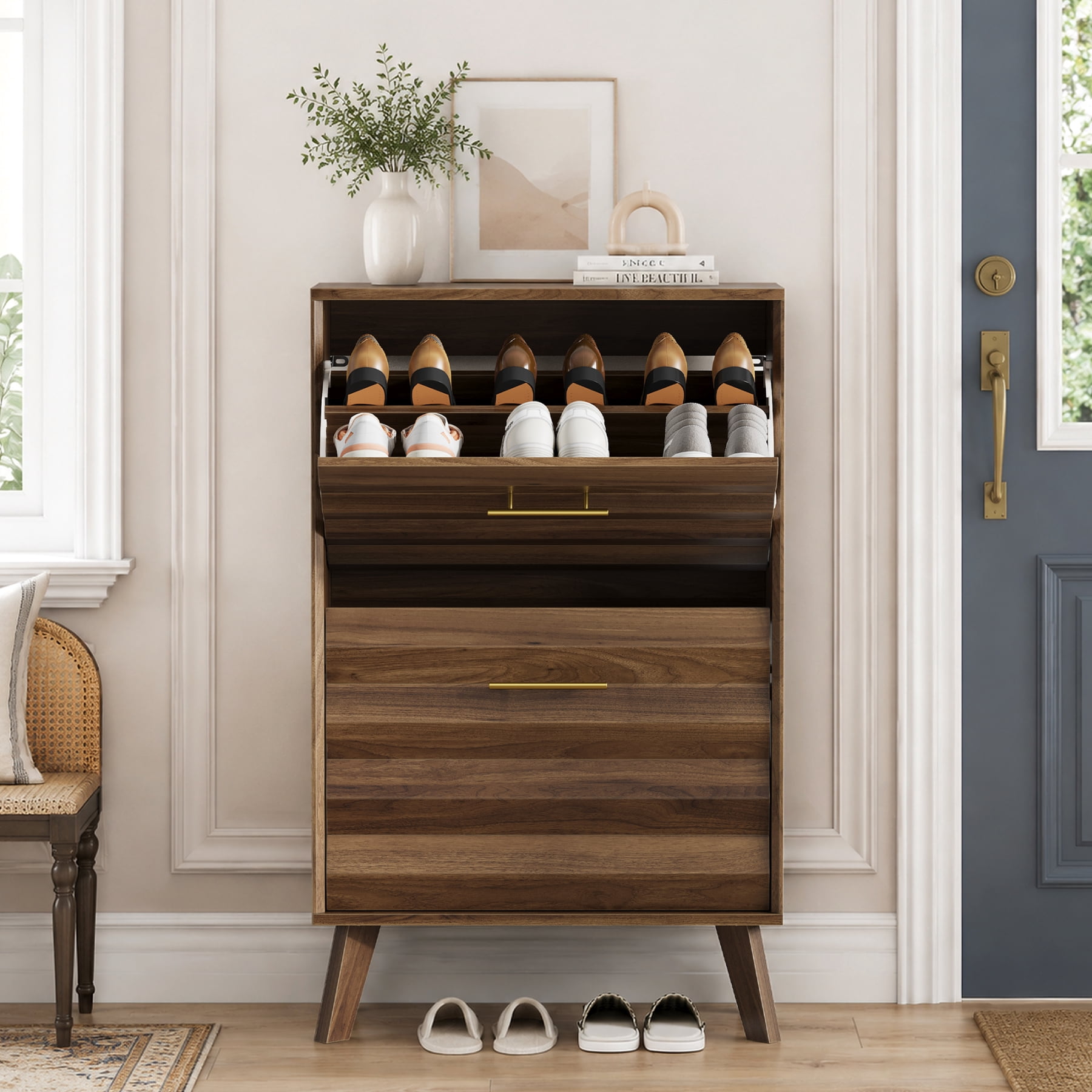 Leumius Shoe Cabinet with 2 Flip Drawers,Mid-century Modern Freestanding Shoe Storage Cabinet,Hidden Shoe Organizer for Entryway Hallway,Walnut