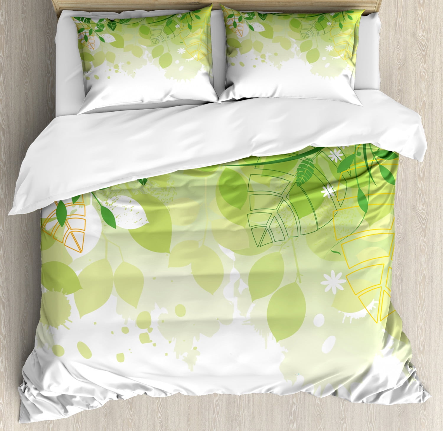 Green Leaf Duvet Cover Set, Flourishing Springtime Abstract Composition