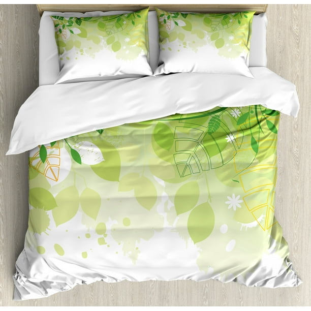 Green Leaf Duvet Cover Set King Size, Flourishing Springtime Abstract