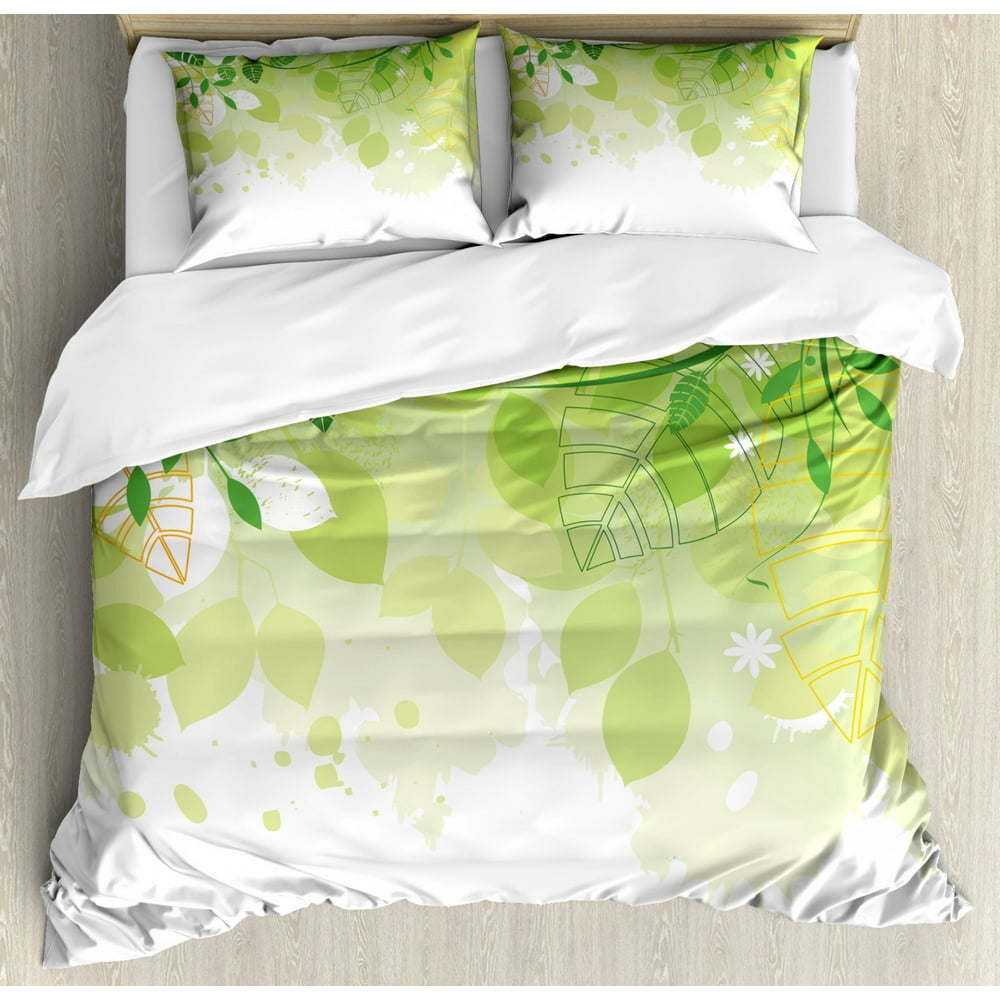 Green Leaf Duvet Cover Set, Flourishing Springtime Abstract Composition with Leaves Fantasy