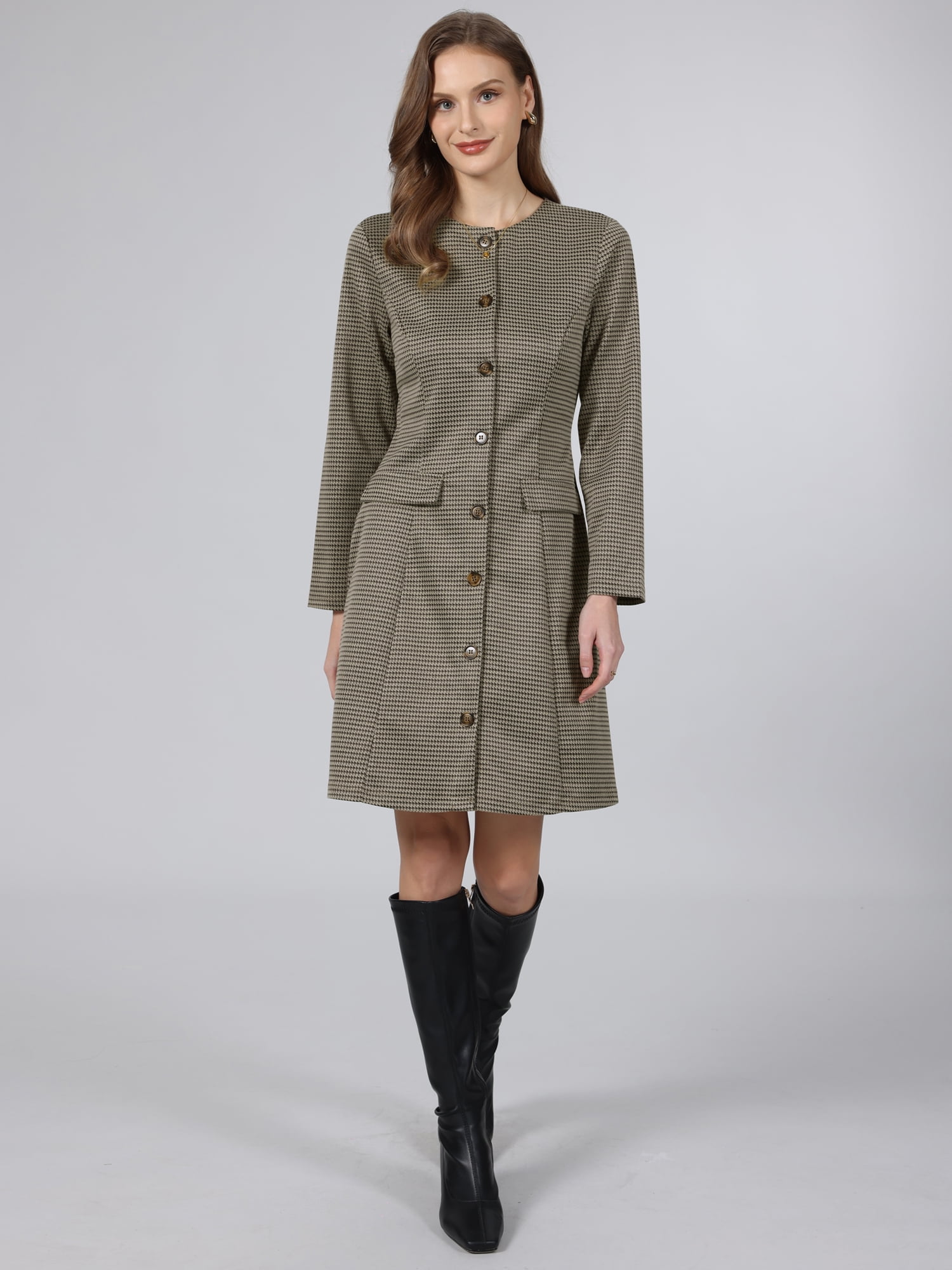 DARING DIVA Women's Houndstooth Plaid Long Sleeve Button Down Dress XL Brown