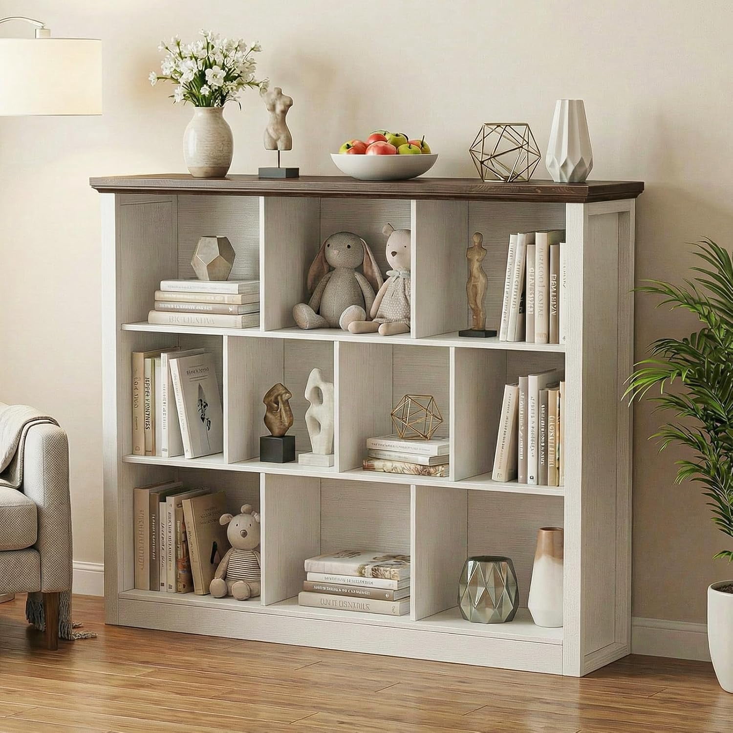 Homieasy 50" Wood Cube Storage Organizer, 10 Cube Storage Book Shelf, Wooden 3 Tiers Floor Standing Low Bookcase for Living Room, Bedroom, Home Office, Kids Room, White & Rustic Brown