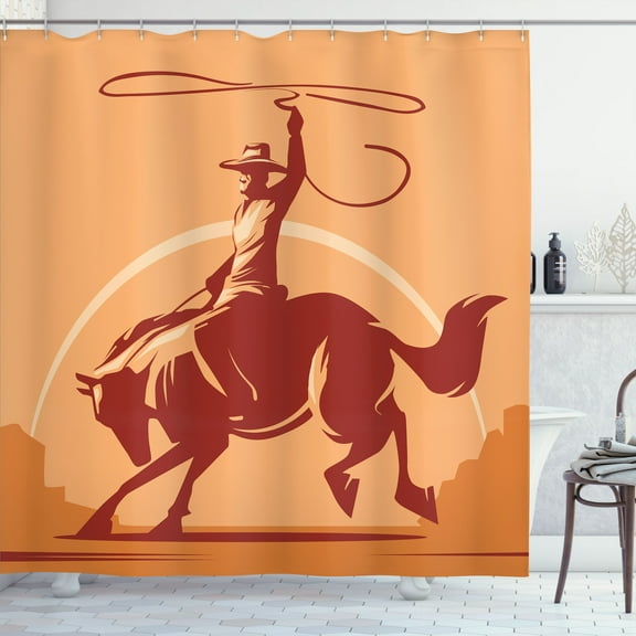Ambesonne Rodeo Shower Curtain, Cowboy Tie-Down Bull, 69"Wx84"L, Dark Orange and Burgundy