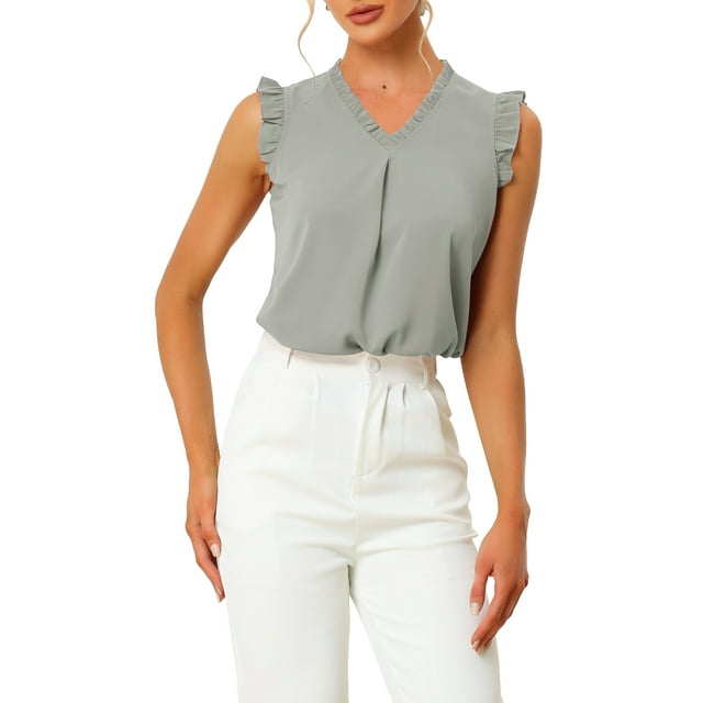 INSPIRE CHIC Women's Ruffled Sleeveless Pullover V- Neck Work Blouses Tops Grey S