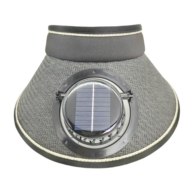 Black Summer Straw Sun Hat With Solar Powered Fan Polyester Mesh Visor Cap For Outdoor Travel 22.0X4.7X3.9 In