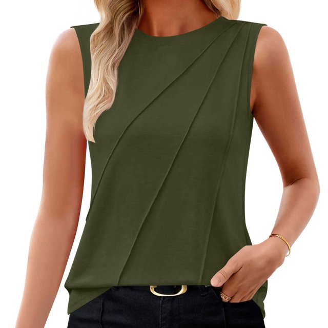 LOVZFMLL Débardeurs pour Femmes Été Coupe Ample Col Rond Décontracté Sans Manches Tenues Tendance Basiques T-Shirts de Plage Fluides Vert Armée P
