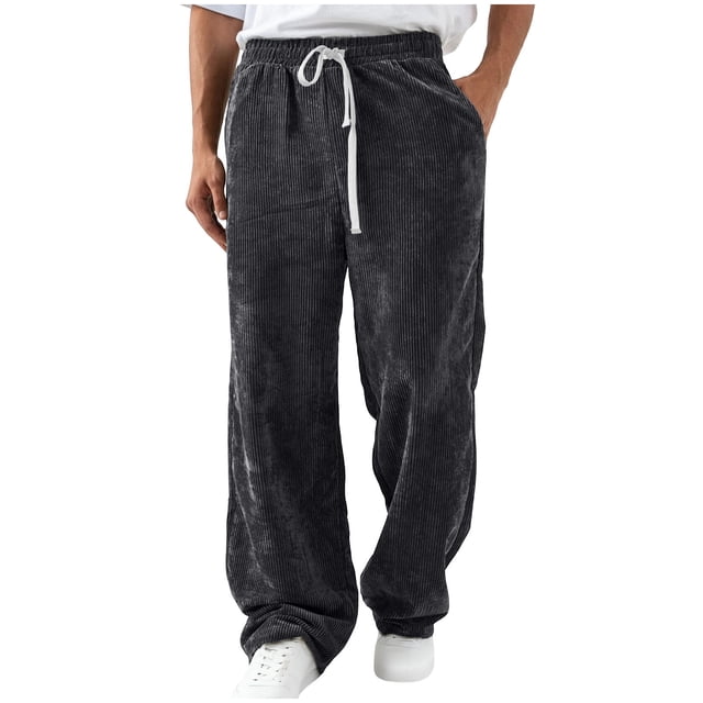 Ceisia Men Solid Color Corduroy Straight Leg Pants Elastic Waist Drawstring Gift Casual Trousers