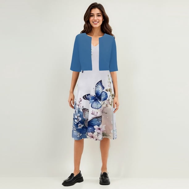 WILLBEST Vestidos Floreados para Mujer Vestido sin Mangas con Estampado Floral y Top de Manga Corta para Mujer Conjunto Informal de Dos Piezas de Corte Regular de Verano 不定位印花 Chica
