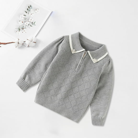 Tfken Girls Kids Sweater Size 3-4 Years Collared Solid Color Retro Fall Grey Pullover Sweater